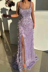 Dreamyannie Lilac Prom Dress Mermaid Spaghetti Strap Slit Floor Length Formal Dress With Pearls And 3D Flowers
