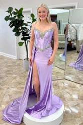 Dreamyannie Lilac Prom Dress Satin Corset Side Cape Long Formal Dress With Slit