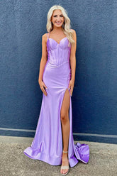 Dreamyannie Lilac Prom Dress Spaghetti Straps Mermaid Corset Long Formal Dress With Slit