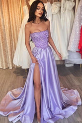 Dreamyannie Lilac Prom Dress Strapless Sequined Sleeveless Court Train Satin Formal Dress With High Slit