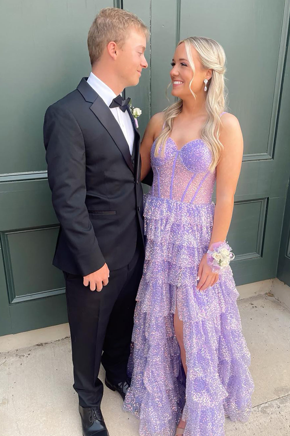 Dreamyannie Lilac Prom Dress Tiered A-Line Spaghetti Straps Long Formal Dress With Slit