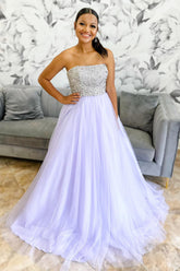 Dreamyannie Lilac Prom Dress Tulle Strapless Long Formal Dress