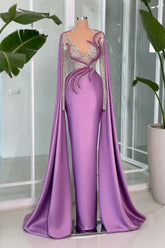 Dreamyannie Lilac Prom Dress V Neck Portrait Beading Satin Sleeve Lace Evening Formal Dress