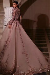 Dreamyannie Long Sleeves Prom Dress V Neck Beaded Tulle Formal Dress With Detachable Panel Train