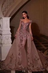 Dreamyannie Long Sleeves Prom Dress V Neck Beaded Tulle Formal Dress With Detachable Panel Train