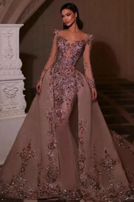 Dreamyannie Long Sleeves Prom Dress V Neck Beaded Tulle Formal Dress With Detachable Panel Train