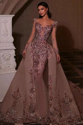 Dreamyannie Long Sleeves Prom Dress V Neck Beaded Tulle Formal Dress With Detachable Panel Train