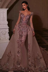 Dreamyannie Long Sleeves Prom Dress V Neck Beaded Tulle Formal Dress With Detachable Panel Train