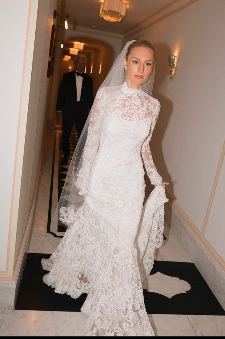 Dreamyannie Mermaid Beach Wedding Dress Long Sleeve High Neck Lace Bridal Gown