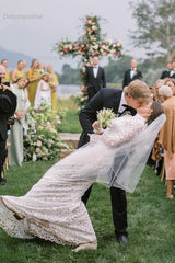 Dreamyannie Mermaid Beach Wedding Dress Long Sleeve Lace High Neck Bridal Gown