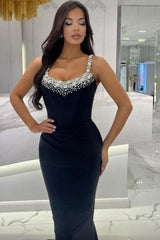 Dreamyannie Mermaid Black Prom Dress Sleeveless Rhinestones Formal Dress