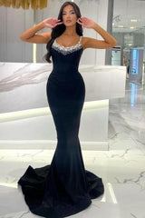 Dreamyannie Mermaid Black Prom Dress Sleeveless Rhinestones Formal Dress