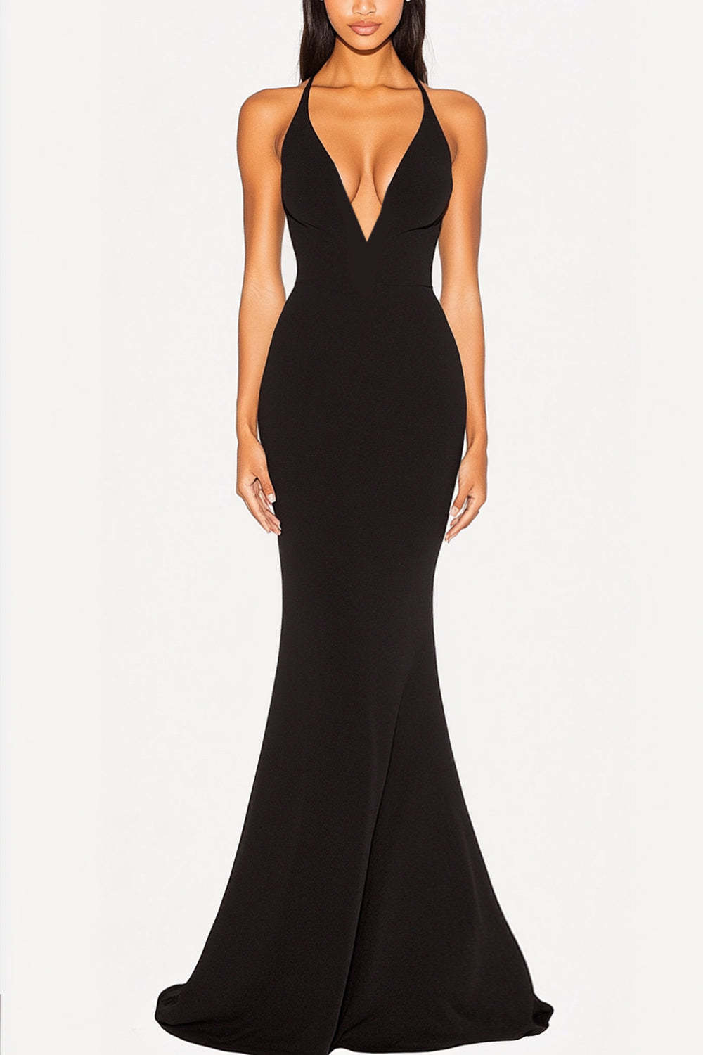 Dreamyannie Mermaid Black Wedding Guest Dress Deep V-Neck Formal Dress