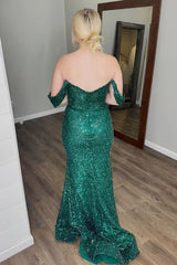 Dreamyannie Mermaid Dark Green Prom Dress Off The Shoulder Long Formal Dress With Slit