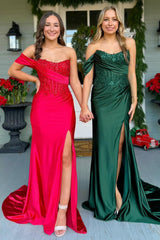 Dreamyannie Mermaid Dark Green Prom Dress Satin Formal Dress With Slit