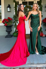 Dreamyannie Mermaid Dark Green Prom Dress Satin Formal Dress With Slit