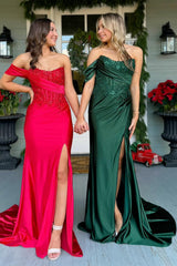 Dreamyannie Mermaid Dark Green Prom Dress Satin Formal Dress With Slit