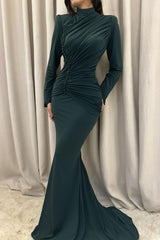 Dreamyannie Mermaid Formal Dress Satin High Neck Long Sleeve Evening Dress