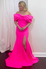 Dreamyannie Mermaid Fuchsia Prom Dress Off The Shoulder Long Formal Dress With Slit