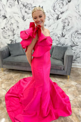 Dreamyannie Mermaid Fuchsia Prom Dress One Shoulder Ruffled Long Formal Dress
