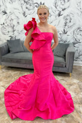 Dreamyannie Mermaid Fuchsia Prom Dress One Shoulder Ruffled Long Formal Dress