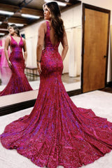 Dreamyannie Mermaid Fuchsia Prom Dress V-Neck Long Formal Dress