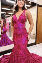 Dreamyannie Mermaid Fuchsia Prom Dress V-Neck Long Formal Dress