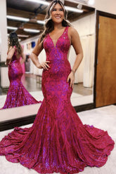 Dreamyannie Mermaid Fuchsia Prom Dress V-Neck Long Formal Dress
