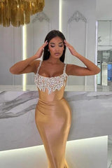 Dreamyannie Mermaid Gold Prom Dress Sleeveless Jewel Formal Dress With Glitter
