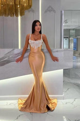 Dreamyannie Mermaid Gold Prom Dress Sleeveless Jewel Formal Dress With Glitter
