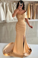 Dreamyannie Mermaid Gold Prom Dress Strapless One Shoulder Sleeveless Simple Satin Formal Dress