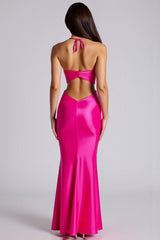 Dreamyannie Mermaid Halter Fuchsia Wedding Guest Dress Satin Long Formal Dress