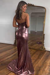 Dreamyannie Mermaid Metallic Dark Purple Prom Dress Strapless Long Formal Dress With Slit