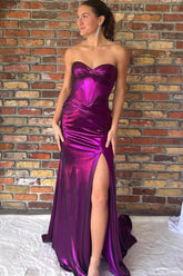 Dreamyannie Mermaid Metallic Dark Purple Prom Dress Strapless Long Formal Dress With Slit