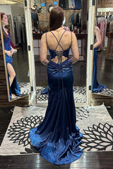 Dreamyannie Mermaid Navy Prom Dress Corset Long Lace Formal Dress With Slit
