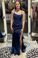 Dreamyannie Mermaid Navy Prom Dress Corset Long Lace Formal Dress With Slit