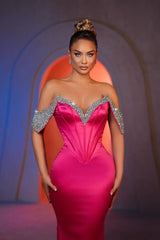 Dreamyannie Mermaid Off The Shoulder Sleeveless Rhinestone Satin Formal Dress