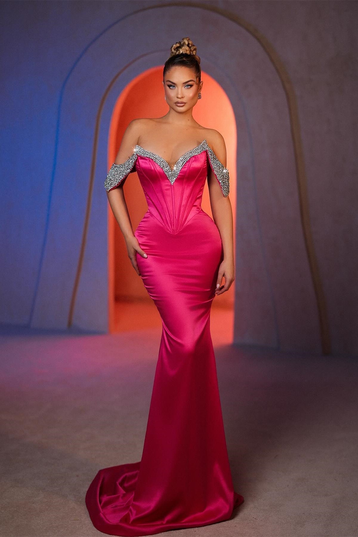 Dreamyannie Mermaid Off The Shoulder Sleeveless Rhinestone Satin Formal Dress