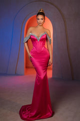 Dreamyannie Mermaid Off The Shoulder Sleeveless Rhinestone Satin Formal Dress