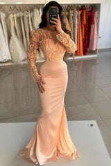 Dreamyannie Mermaid Orange Crew Sleeves Lace Floor Length Detachable Panel Train Satin Formal Dress