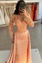 Dreamyannie Mermaid Orange Crew Sleeves Lace Floor Length Detachable Panel Train Satin Formal Dress