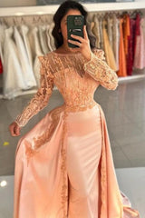 Dreamyannie Mermaid Orange Crew Sleeves Lace Floor Length Detachable Panel Train Satin Formal Dress