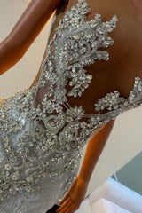 Dreamyannie Mermaid Prom Dress Beaded Sleeveless Sweep Train Tulle Formal Dress