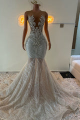 Dreamyannie Mermaid Prom Dress Beaded Sleeveless Sweep Train Tulle Formal Dress