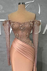 Dreamyannie Mermaid Prom Dress Off The Shoulder Satin Beaded Formal Dress With Sleeves