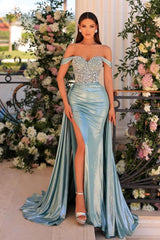 Dreamyannie Mermaid Prom Dress Off The Shoulder Sleeveless Formal Dress With Glitter