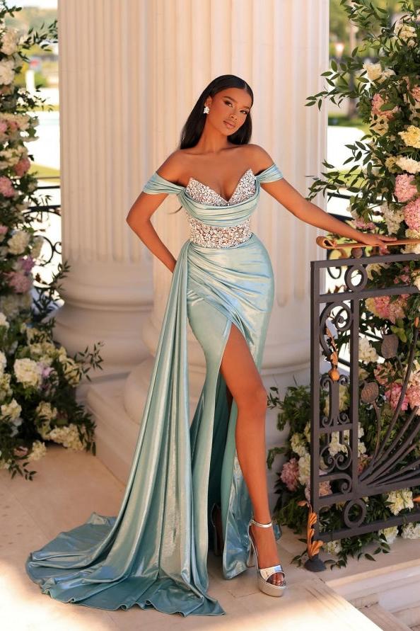 Dreamyannie Mermaid Prom Dress Off The Shoulder V Neck Lace Rhinestones Formal Dress With Slit