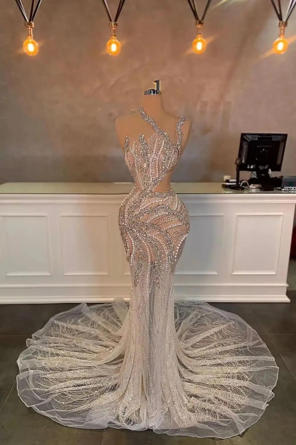 Dreamyannie Mermaid Prom Dress One Shoulder Beading Sequined Sleeveless Formal Dress