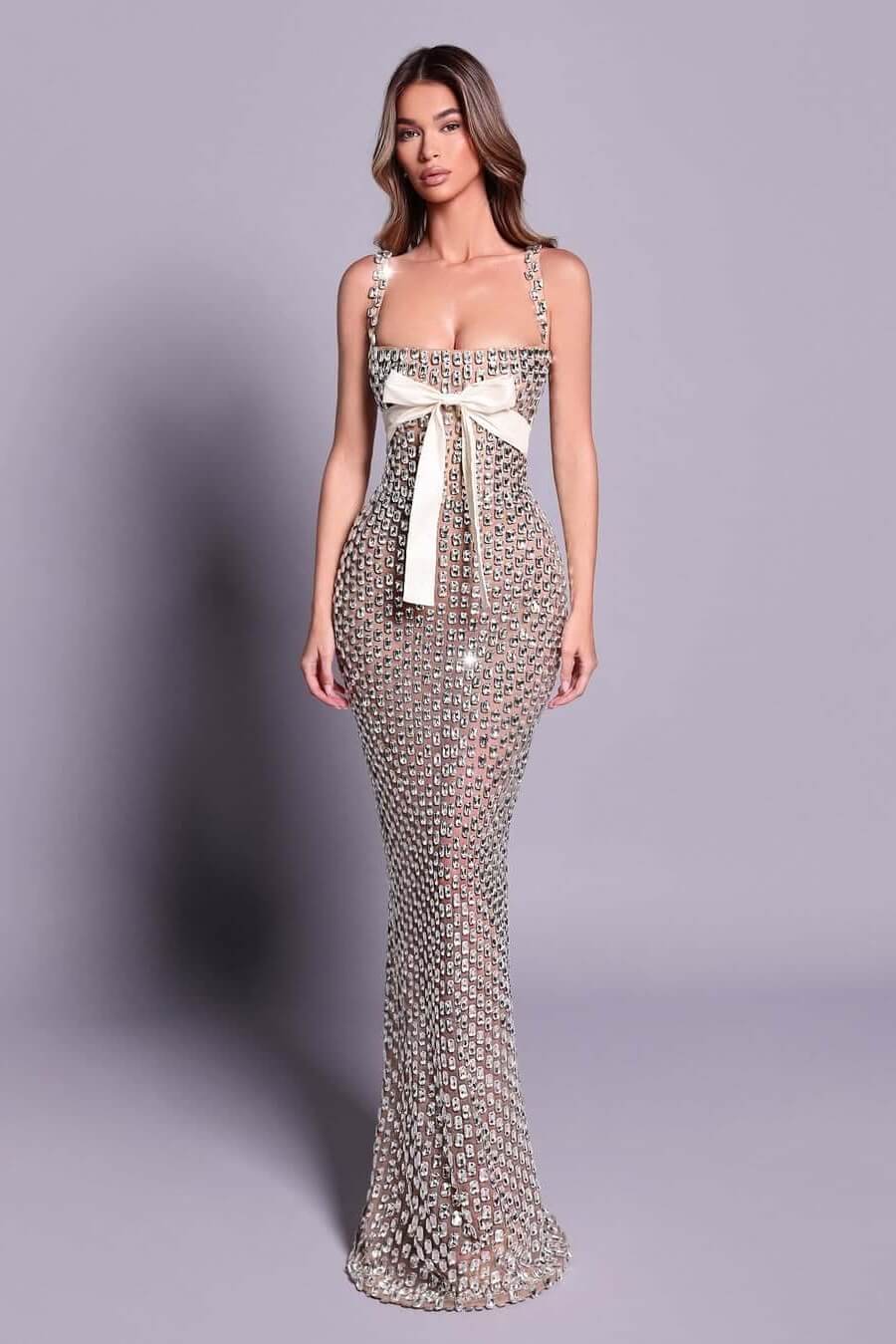 Dreamyannie Mermaid Prom Dress Silver Beaded Spaghetti Straps Plaid Formal Dress