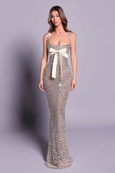 Dreamyannie Mermaid Prom Dress Silver Beaded Spaghetti Straps Plaid Formal Dress